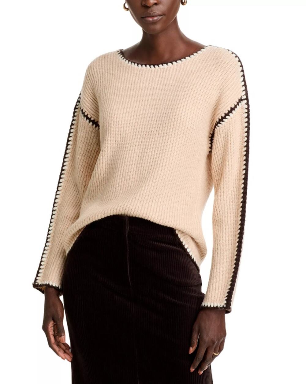 Single Thread Women Ivory Contrast Trim Knit Casual Relaxed Sweater Size XS